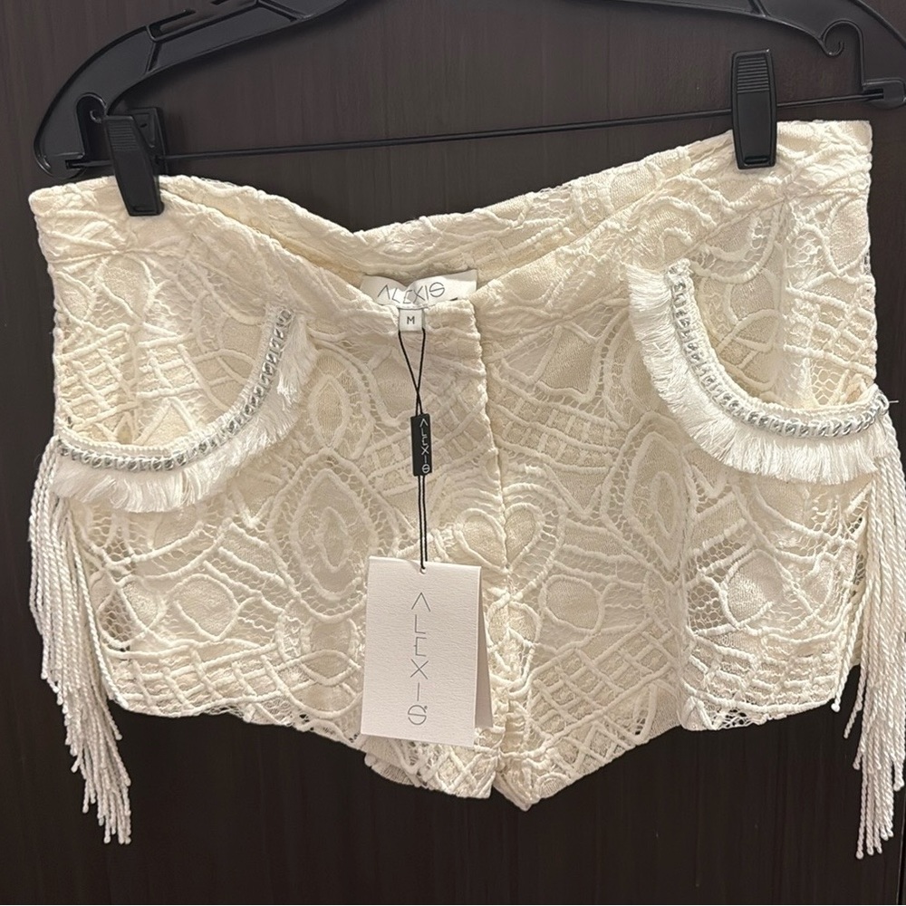 NWT Alexis White Crochet Lace Shorts with Chain and Fringe Detail